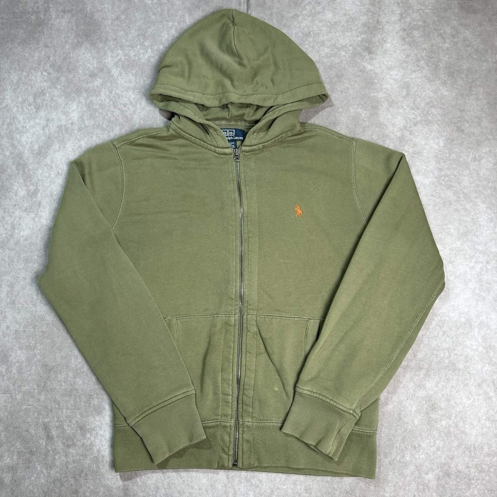Vintage Polo Ralph Lauren Green Zip-Up Hoodie Men's Medium Cotton Orange Pony